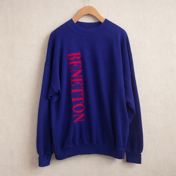 BENETTON Sweatshirt Cotton Knit Crewneck Logo Graphic Pullover - Picture 3 of 10